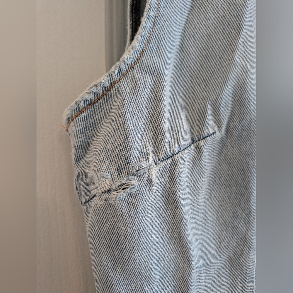 Lioness Sculpted Denim Mini Dress Light Denim Distressed Buckle Edgy Size XL - Picture 7 of 14